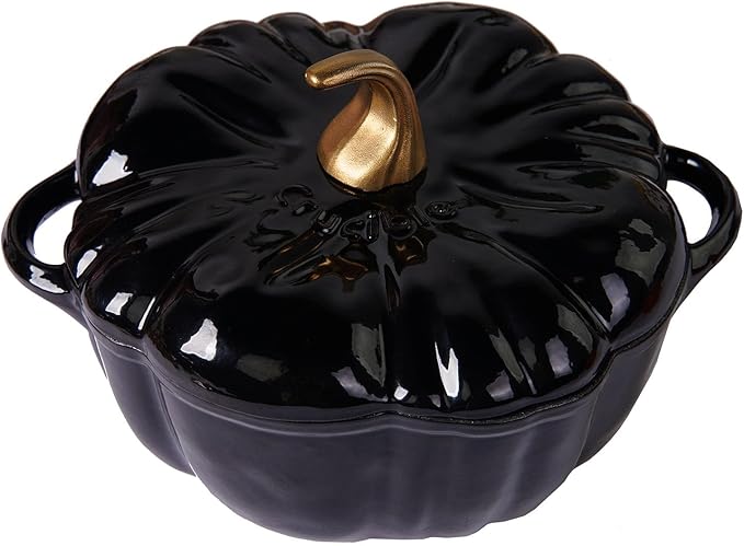 Enameled Cast Iron Pumpkin Pot Dutch Oven Cocotte, Black, 2.32 qt (2.2 L)