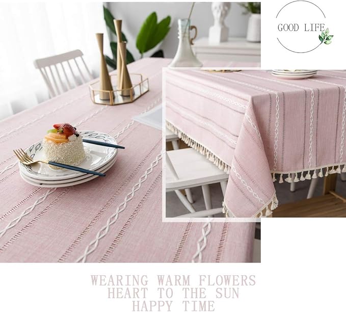 Pahajim Linen Tablecloth Rustic Rectangle Table Cloth Cotton Striped Tassels Tablecloths for Kitchen Dining Table Cover Rectangle/Oblong,55''x87'', 6-8 Seats