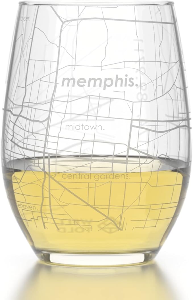 Well Told Engraved Memphis Tennessee Map Stemless Wine Glass, Etched Glass (15 oz, Clear) City Custom Gifts for Lovers