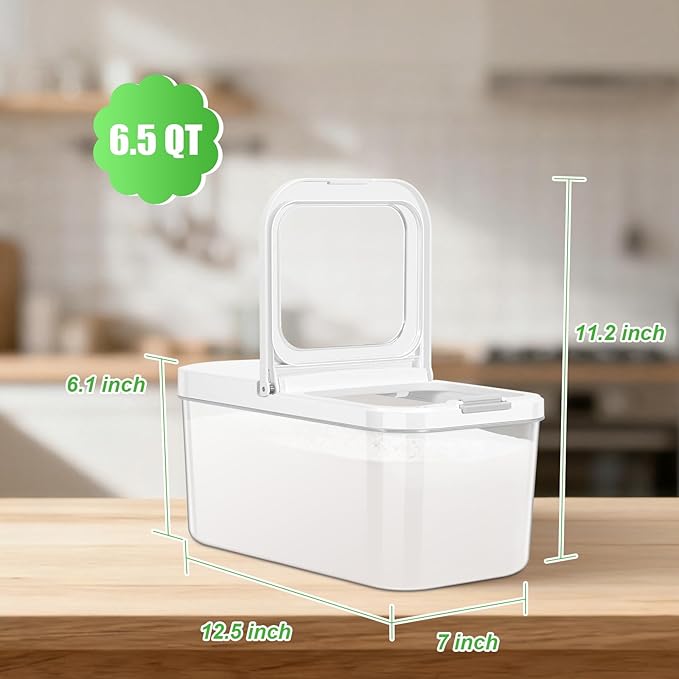 Rice Flour Storage Container - 6.5 Qt | 12 Lbs Crystal-Clear Plastic Food Storage Container Bin with Flip-up Lid, Dry Food Holder for Kitchen Pantry Organization and Storage