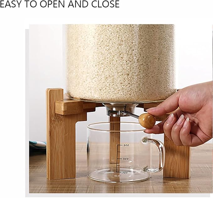 Rice Storage Containers Creative Glass Clear Container Rice Bucket with Measuring Cup and Wooden Stand Kitchen Storage Separate Grain Rice Bucket Cereal Dispenser for Kitchen and Pantry Store (7.5L)