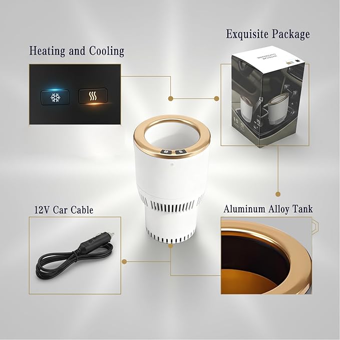 2-in-1 Car Cup Cooler Warmer Smart Temperature Control Travel Coffee Car Cup Holder, Smart Car Tumbler Holder Suitable for Coffee, Baby Bottles, Water, Tea, Drinks (White and Gold)