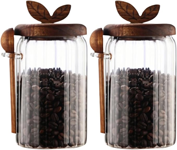 ANSQU Glass Jar with Wooden Lid and Spoon, Food Storage Containers Coffee Jar Coffee Grounds Container, 27oz Coffee Canister holds up to 8.5oz of Coffee Beans