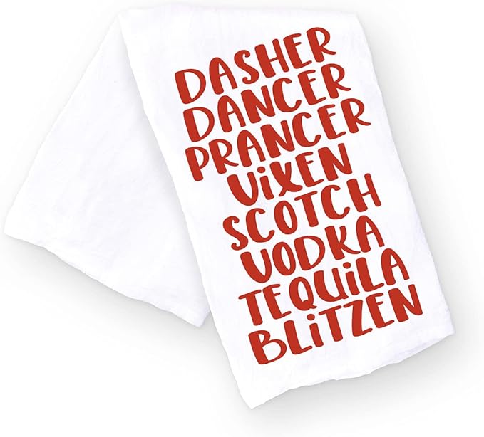 Handmade Funny Dasher Dancer Christmas Drinking Kitchen Towel - Cotton Bar Towel for Kitchen - 28x28 Inch Perfect for Hostess Housewarming Christmas Mother’s Day Birthday (Dasher Dancer Prancer...)
