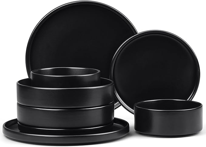 E-far 8-Piece Black Plates and Bowls Sets - Stoneware Dinnerware Sets with Pasta Bowls for 2 | Matte Black Kitchen Modern Dish Set, Microwave & Dishwasher Safe