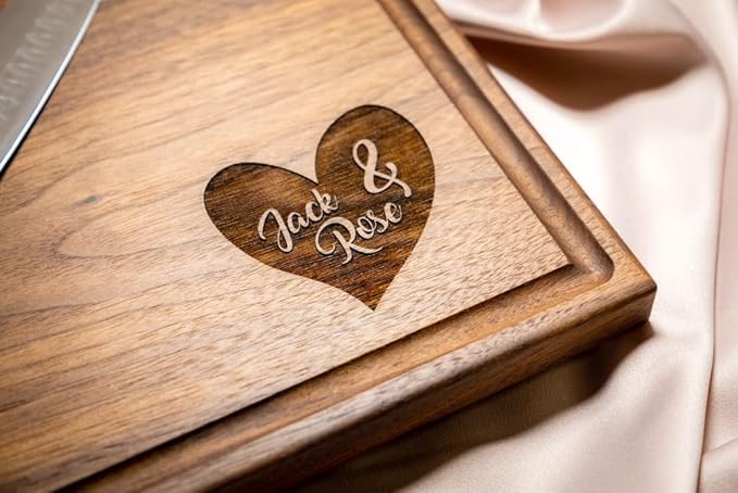 Personalized Cutting Board, Custom Wedding, Anniversary or Housewarming Gift Idea, Wood Engraved Charcuterie, for Newlyweds or Couples, Corner Heart Design 085