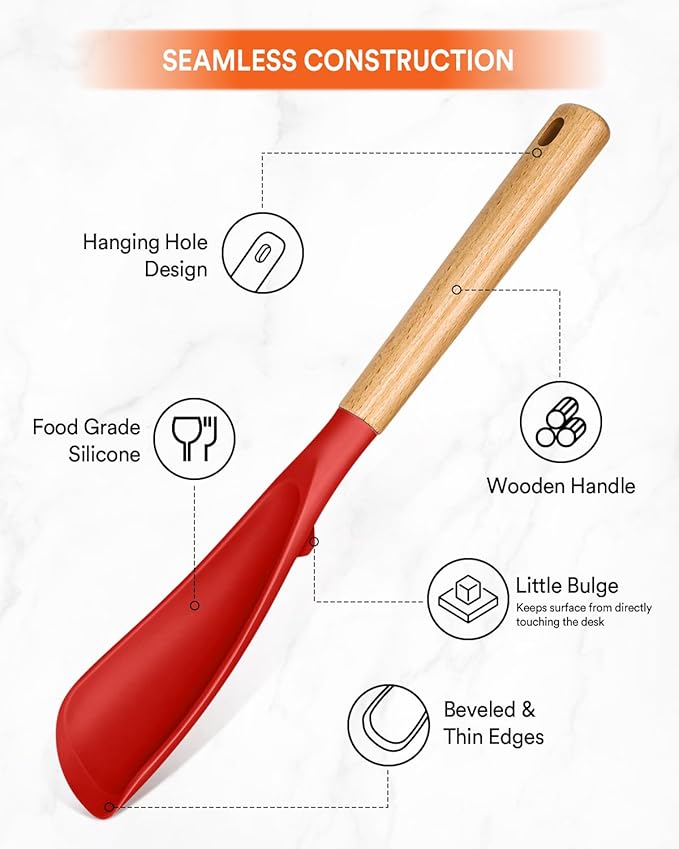 Multifunction Spoon for Nonstick Cookwares, Great for Cooking and Serving, Sturdy BPA-Free Matte Silicone, Wood Handle spoonula for Mixing, Scoop, and Scrape, Red(2 pack,11.4" & 13.4")