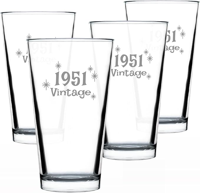 Bevvee Vintage 1951 Pint Glass for Beer - 75th Birthday Gifts for Men or Women Turning 75 - Fun Bday Party Decor - Set of 4-16 oz
