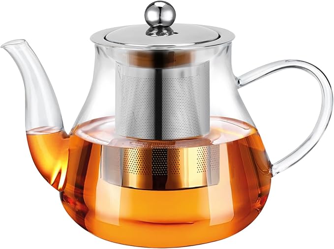 Glass Teapot 28oz/800ml with Removable Infuser, Borosilicate Clear Tea Kettle, Stovetop Safe Tea Kettle Blooming Loose Leaf Teapots, for Camping, Travel