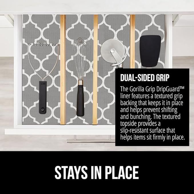 GORILLA GRIP DripGuard Shelf Liner, Non Adhesive Drawer and Kitchen Cabinet Protector, Slip Resistant BPA Free Smooth Surface Plastic Liners for Cabinets, Bathrooms, Closets, 17.5x120 Inch, White Gray