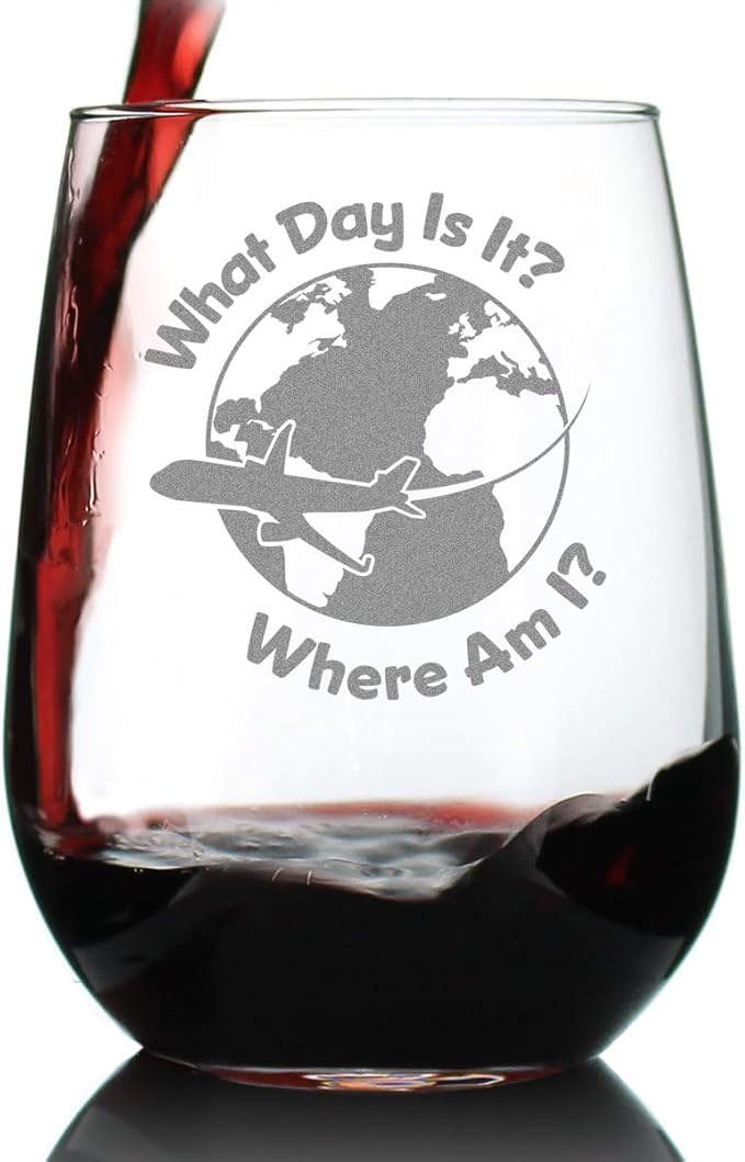 Bevvee What Day Is It - Stemless Wine Glass - Funny Flight Attendant Gifts for Flight Attendants & Pilots - Large 17 Ounce Glasses