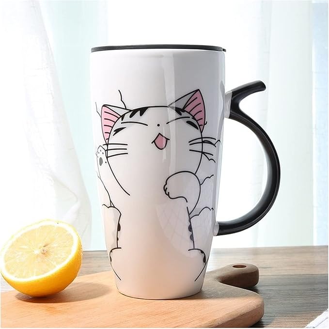 Cute Cat Ceramics Coffee Mug with Lid Large Capacity 600ml Animal Mugs Creative Drinkware Coffee Tea Cups Novelty Gifts Milk Cup(C)