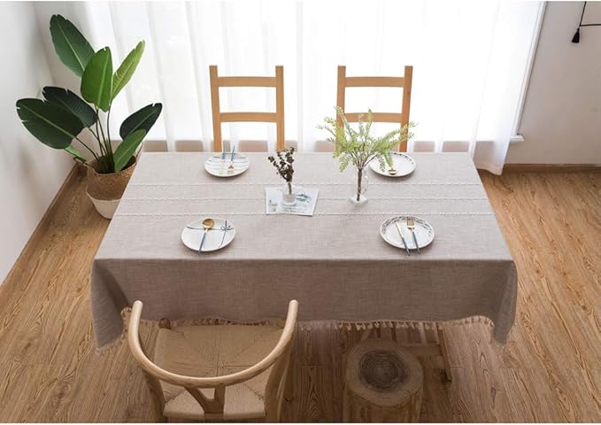 Pahajim Striped Tablecloth Rectangle with Tassels Thick Linen Cotton Table Cloth for Outdoor Picnic Dining and Holiday Kitchen Decor Rectangle/Oblong,55''x118'', 10-12 Seats