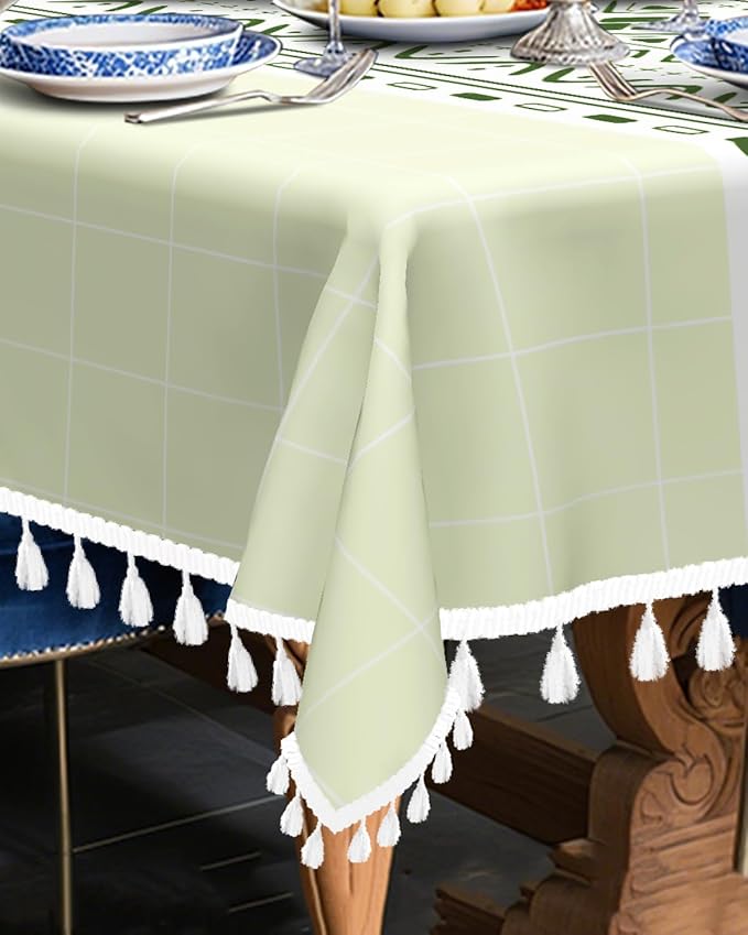 Bohemian Green Linen Tablecloth Rectangle - Boho Cherecked Table Cloth with Tassels, Waterproof & Wrinkle Free Farmhouse Dining Table Cover for Picnic, Kitchen, Holiday, 55''x70''