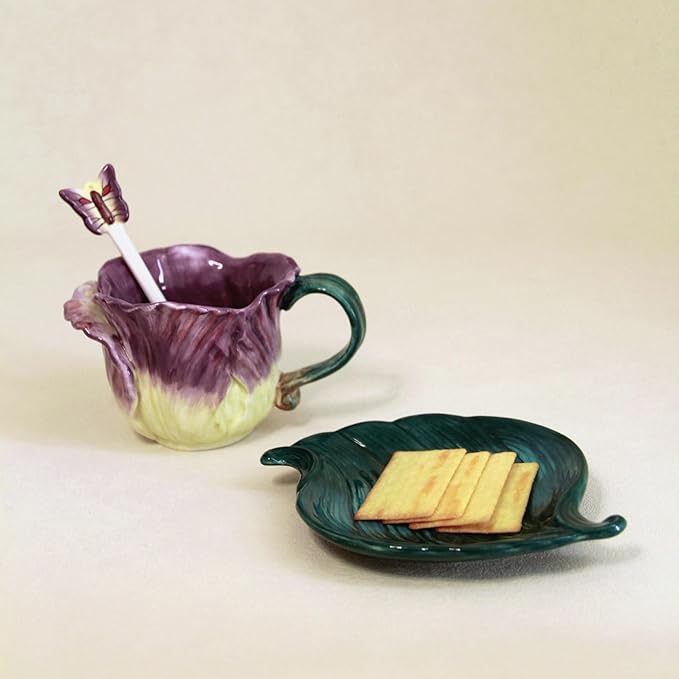 Ceramic Tea Cup and Saucer Set ，6OZ 3D Hand-Painted Flower and Lotus Leaf Coffee Mug，Gift for Women- Purple Tulip