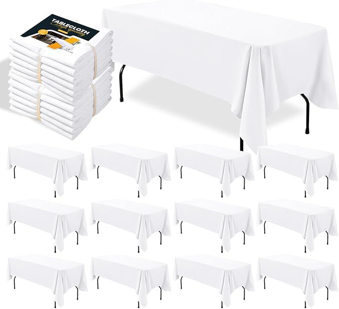 BIGTONE 12 Pack White Rectangle Tablecloth 60 x 126 Inch, Cross Ribbon Packing Reusable Table Clothes for 8 Foot Tables, Wrinkle Resistant Polyester Fabric Table Cover for Wedding, Party, Banquet