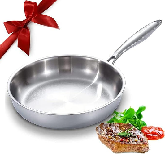 DELARLO Tri-Ply Stainless Steel Frying Pan, All Cooktops Compatible Up to 600℉, Oven Safe Induction Skillet, 12.5 inch Non toxic Cooking Surface, Fast & Even Heat, Durable Cookware