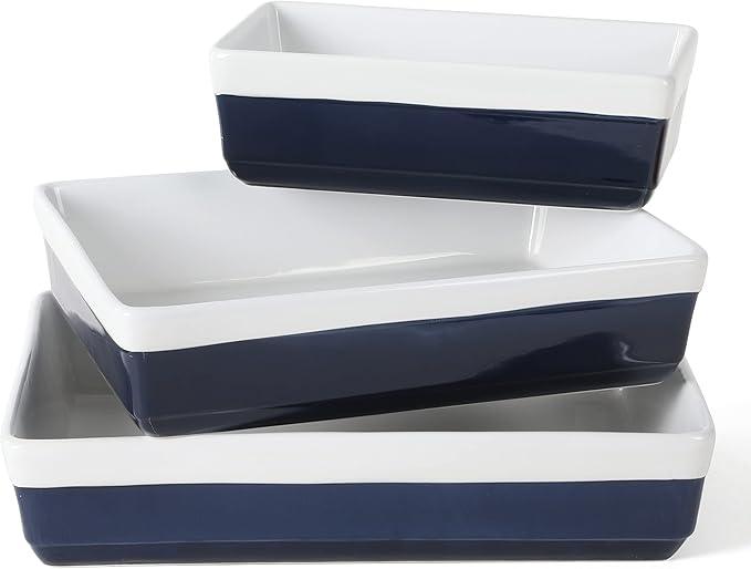 MARTHA STEWART 3-Piece Oven to Table Stoneware Bakeware Set – Baking Dish & Casserole Set – Cobalt Blue – Durable Oven-Safe Bakeware for Baking and Serving