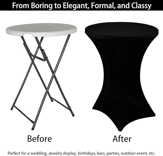 6 Pack Cocktail Spandex Tablecloth 32"x43" Black Stretch Square Corners Cocktail Table Cover Fitted High Top Round Table for Bar Wedding Birthday Party Banquet