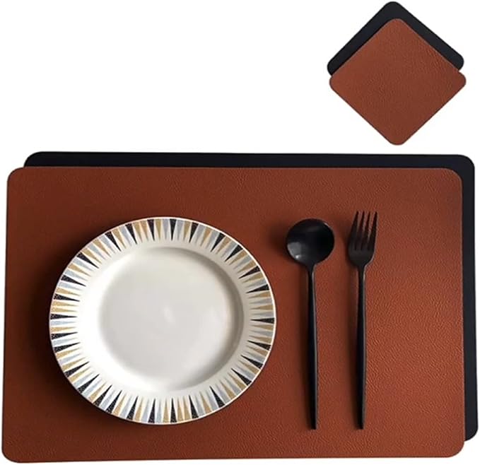 PU Place Mats Faux Leather Double Side Placemat and Coaster Set of 1/4/6 Easy to Clean Table Mat Waterproof Wipeable(DP Brown and Black,6sets)
