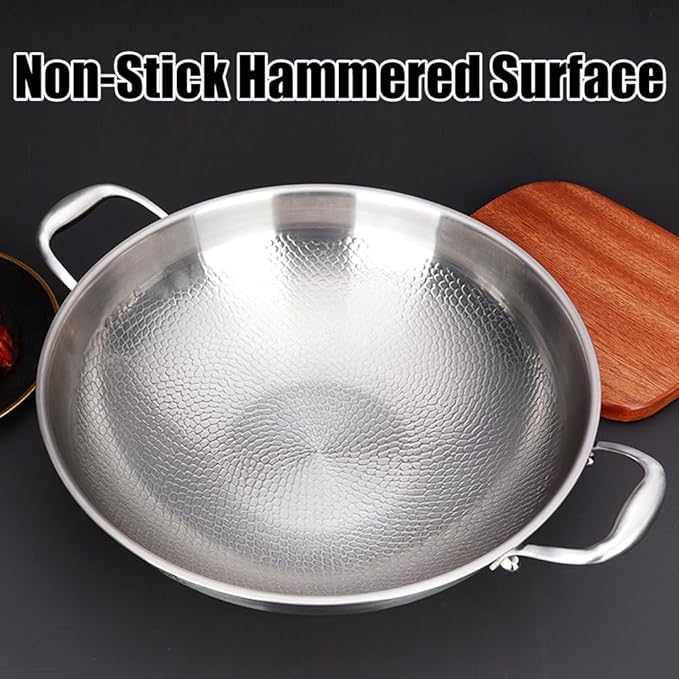 14 Inch Titanium Hammered Wok with Double Handles, Frying Pans Nonstick, Non-Stick Wok, Scratch-Resistant Non Stick Titanium Pans for Cooking,No lid