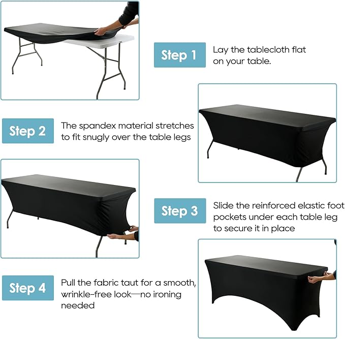 VidaFete Spandex Tablecloth 2 Pack 8FT, Fitted Stretch Table Cover for Rectangle Tables, Wrinkle Resistant and Washable Tablecloths for Outdoor, Picnic, Party, Wedding, Banquet, Birthday, Black