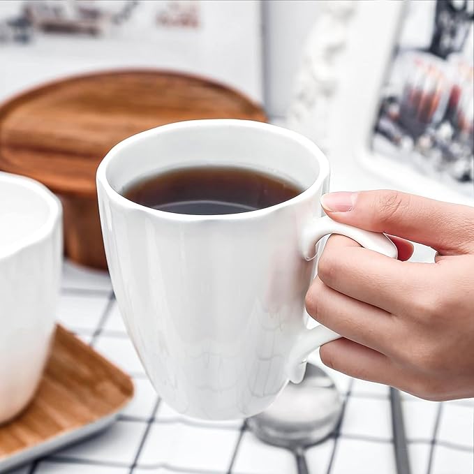 Fine Bone China Coffee Mugs Set of 6 (12 oz), White Pumpkin Shaped Tea Cups, Lightweight Ceramic Coffee Mugs for Women, DIY Gifts for Festival, Microwave Oven and Dishwasher Safe