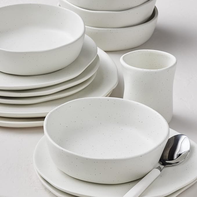 Stone by Mercer Project HEKONDA Modern Debossed Stoneware 32-Piece Dinnerware Set, Plate and Bowl Set, Dish Set for 8, White Speckled