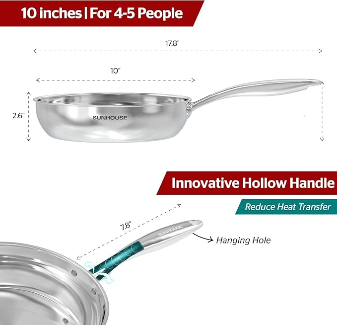 Sunhouse 10 Inch Tri-Ply Stainless Steel Frying Pan, Whole-Clad No Coatings Skillet with Stay-cool Handle for Cooking, Durable & Oven Safe to 500°F, Dishwasher Safe, Compatible with All Cooktops