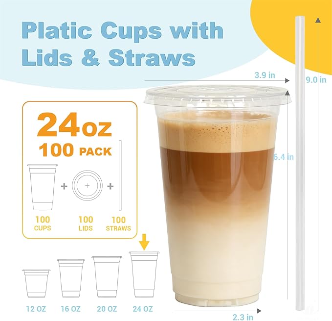 24 oz 100 Pack Disposable Clear Plastic Cups with Lids and Straws, Food Safe Bulk Iced Coffee Cups for Smoothies, Milkshakes and Other Cold Drinks