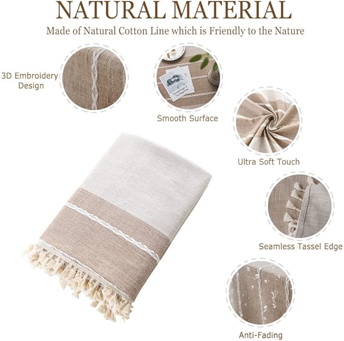 Pahajim Striped Tablecloth Rectangle with Tassels Thick Linen Cotton Table Cloth for Outdoor Picnic Dining and Holiday Kitchen Decor Rectangle/Oblong,55''x87'', 6-8 Seats