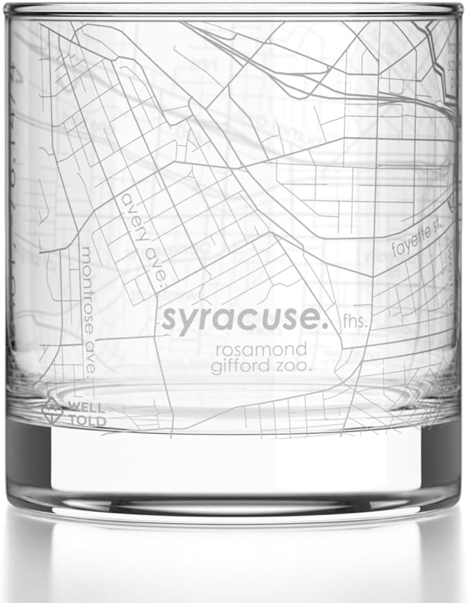 Well Told Engraved Syracuse New York Map Rocks Glass, Old Fashioned Glassware (11 oz, Clear) Etched Bourbon Tumbler, Gifts For Whiskey Lovers