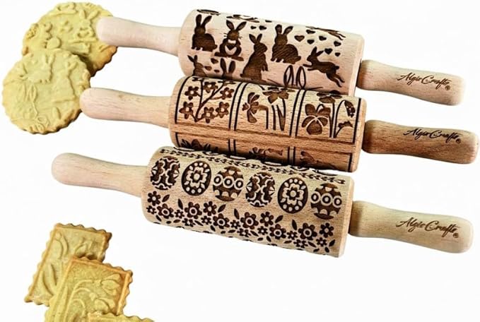 EASTER 3 Mini Embossed Rolling Pin Set. Wooden Laser Cut Embossing Rolling Pins for Embossed Cookies. Easter, Rabbit, Egg, Chicken, Spring, Flowers from Algis Crafts