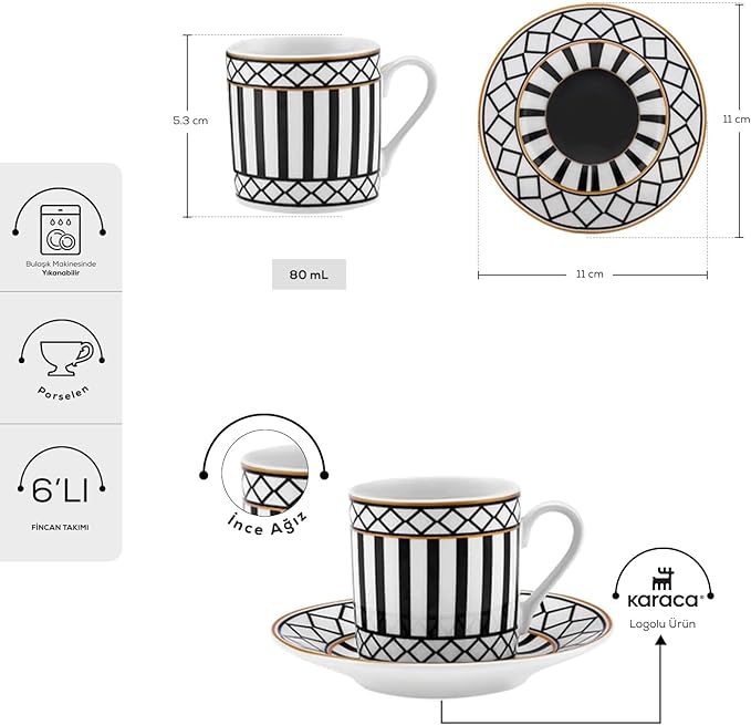 KARACA Helenistik Porcelain Turkish Coffee Cups Set for 6 People - 12 Piece Espresso Cup with Saucers - Drinking Serving Gift Set for Women - Ideal for Serving Turkish Coffee (Black and White, 80 ml)