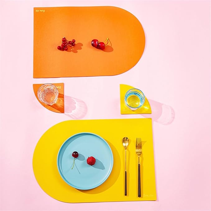 Placemat Table Mat Plate Tableware Pad PU Leather Heat Insulation Non-Slip Bowl Coaster Set for Dinner Kitchen(Azure)