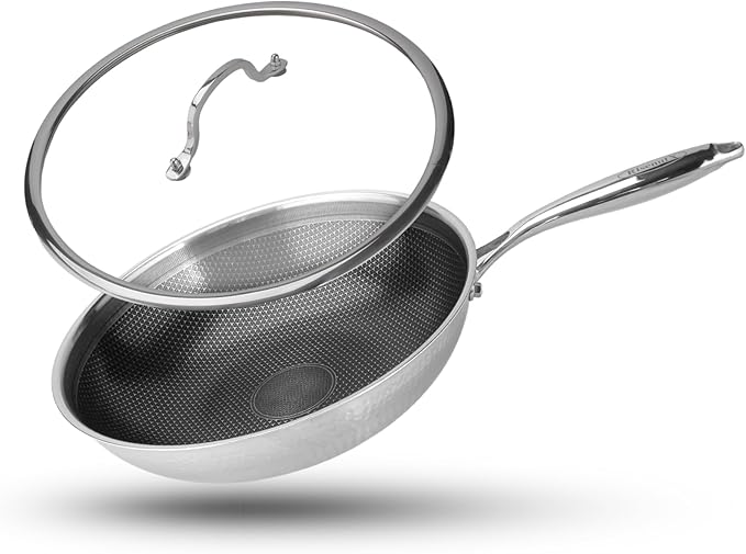 Hybrid Wok, 12 inch Wok with lid,Stainless Steel woks & Stir-fry pans Non Stick, PFOA Free Cookware, Dishwasher and Oven Safe, Compatible With Induction