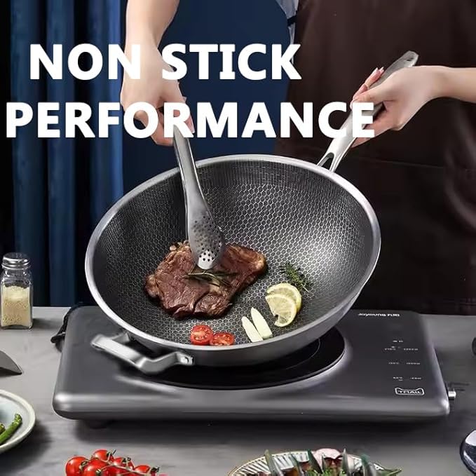 Wok Pan,Hybrid Nonstick 14 Inch Wok with Lid,Induction Non Stick Stainless Steel Large Deep Woks&Stir-Fry Pans,Stay-Cool Handle Skillets,PFOA Free Cookware