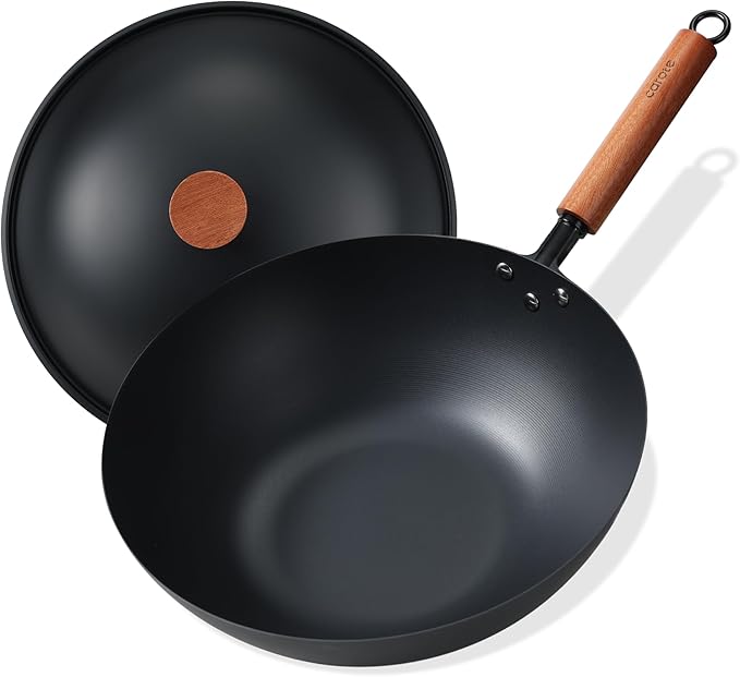 CAROTE 12.5" Carbon Steel Wok Pan, 6.5QT Woks & Stir-fry Pans Nonstick, No Chemical Coated Pre-Seasoned Flat Bottom Wok with Lid for Stir Fry, Chinese Cast Iron Wok Cooking Pan All Stovetop Compatible