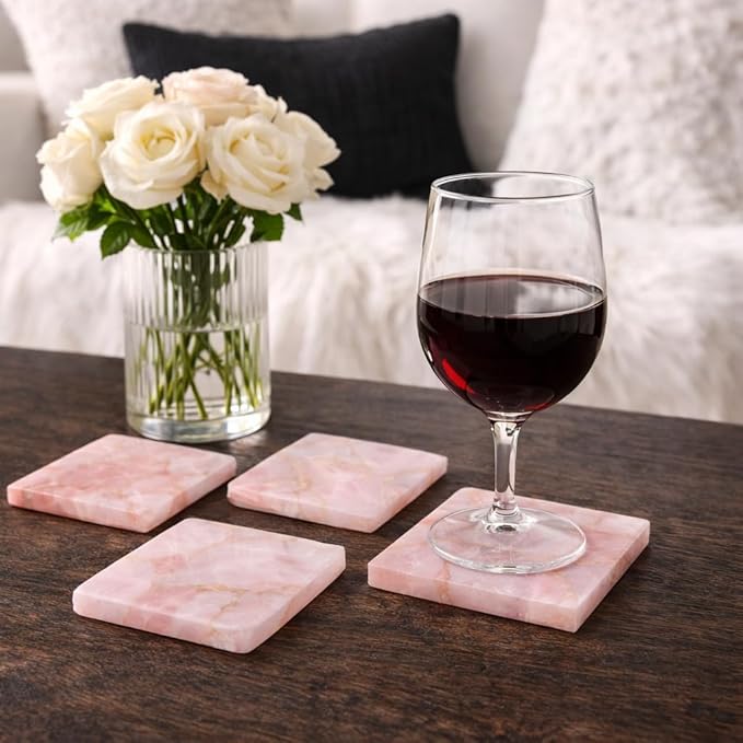 Set of 4 Natural Rose Quartz Coasters Set – Crystal Stone Drink Coasters for Coffee Table Decor, Wine or bar Coasters, Serveware, Housewarming Gifts, Wedding Gifts & Modern Home Decor