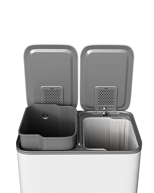 Garvee Trash Can, 2 x 8 gal (2 x 30 L) Garbage Can for Kitchen Dual Compartment Recycling Kitchen Step Trash Bin, Stainless Steel Trash and Recycle Bin Combo with Soft-Close Lid, Grayish-White