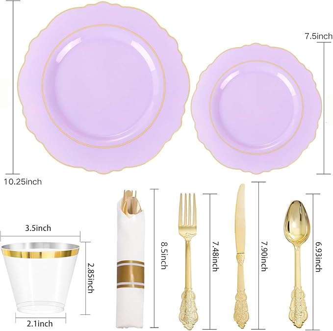 Liacere 350PCS Purple Plastic Plates - Disposable Lavender Plates 50guest Plastic Dinnerware include 100Light purple Plates,50Pack Pre Rolled Napkins Silverware 50Cups for Valentine’s Day＆Easter Day