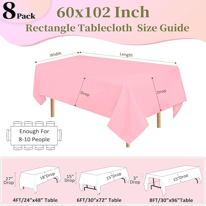 8 Pack Pink Valentine's Day Tablecloth 60x102 Inch Rectangle Table Cloth for 6 Foot Rectangle Tables, Wrinkle Resistant Washable Polyester Fabric Rectangular Cover for Dining Banquet Wedding Party