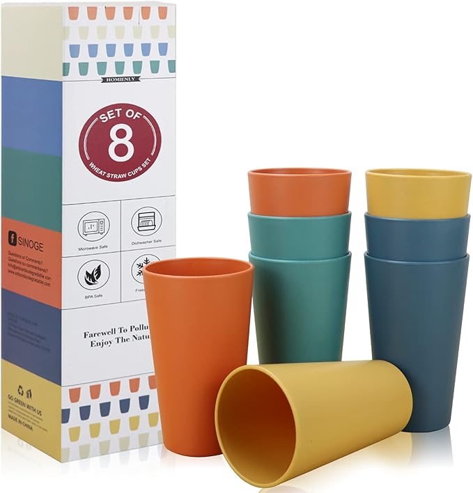 Homienly Reusable Plastic Cups - Wheat Straw Unbreakable Drinking Glasses & Water Glasses | Multi-Color Stackable Plastic Cups, Dishwasher Safe | Glassware & Cup Sets for Kitchen (20 oz 8-Pack)