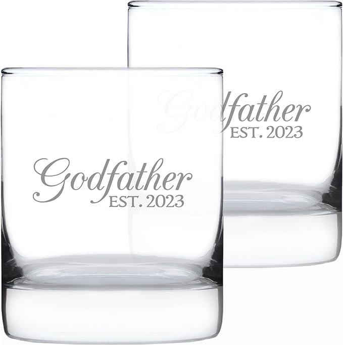 Bevvee Godfather Est 2023 - New Godfather Whiskey Rocks Glass Proposal Gift for First Time Godparents - Set of 2 - Decorative 10.25 Oz Glasses