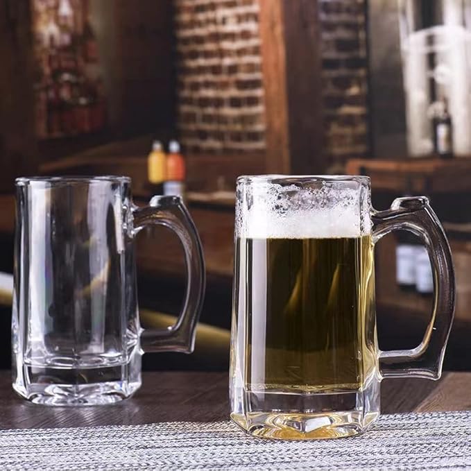 Heavy Beer Mugs Set, 12.5oz Glass Mugs With Handle, Beer Glasses For Freezer, 370ml Beer Drinking Glasses, Traditional Stein For Bar, Alcohol, Beverages,Coffee, Teas, Set of 4