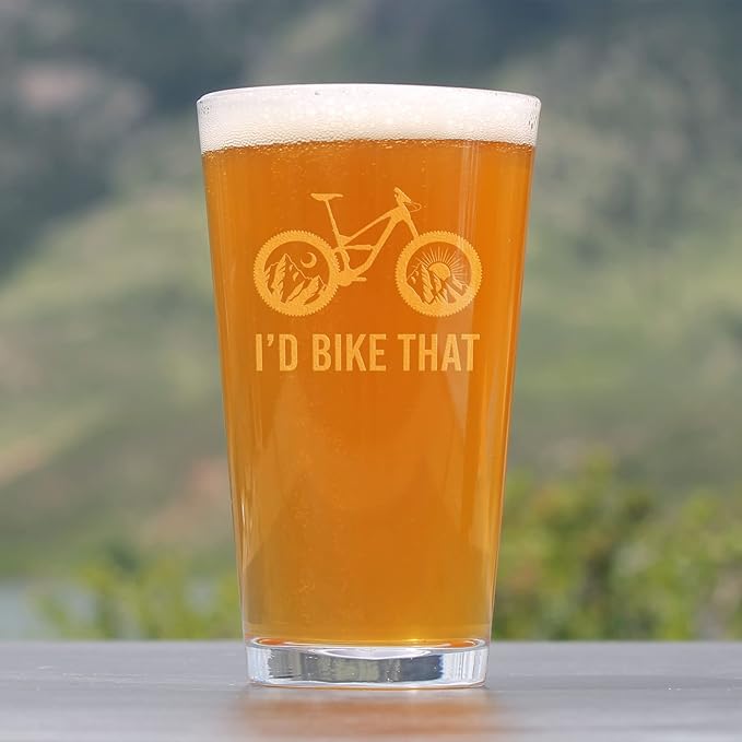 Bevvee I'd Bike That - Pint Glass for Beer - Cool Bicycle Themed Decor and Gifts for Mountain Bikers - 16 oz Glasses