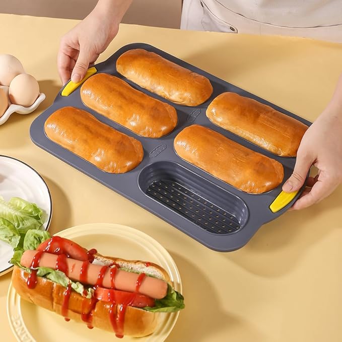 MUJUZE Hot Dog Bun Pan,6 Cavity Bread Loaf Pan,Silicone Hotdog Bun Mold,Nonstick & Heat proof Homemade Hotdog Bun Baking Pans,Sub Roll Baking Pans