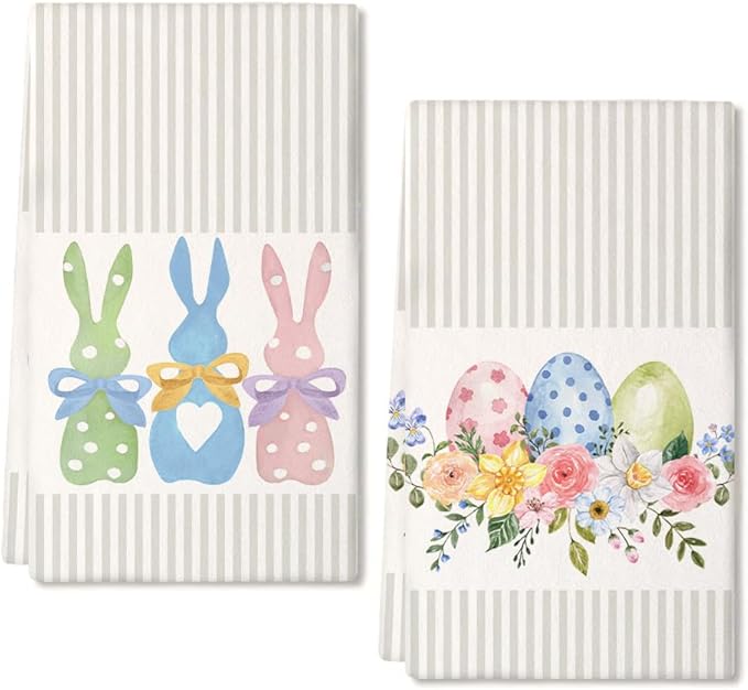 ARKENY Easter Kitchen Towels Set of 2,Beige Pink Bunny Floral Eggs Dish Towels 18x26 Inch Drying Dishcloth,Farmhouse Home Seasonal Spring Decorations AD217