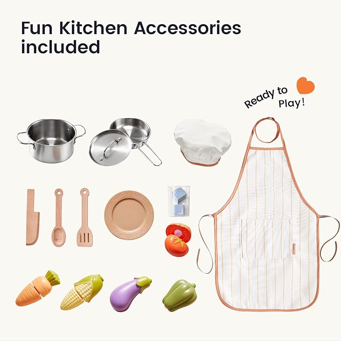 Tiny Land Play Kitchen for Kids, Wooden Farmhouse Kitchen Playset Chef Pretend Play Set for Toddlers w/Real Lights & Sounds, Toys Kitchen with 18 Pcs Toy Food & Cookware Accessories, Sage Green