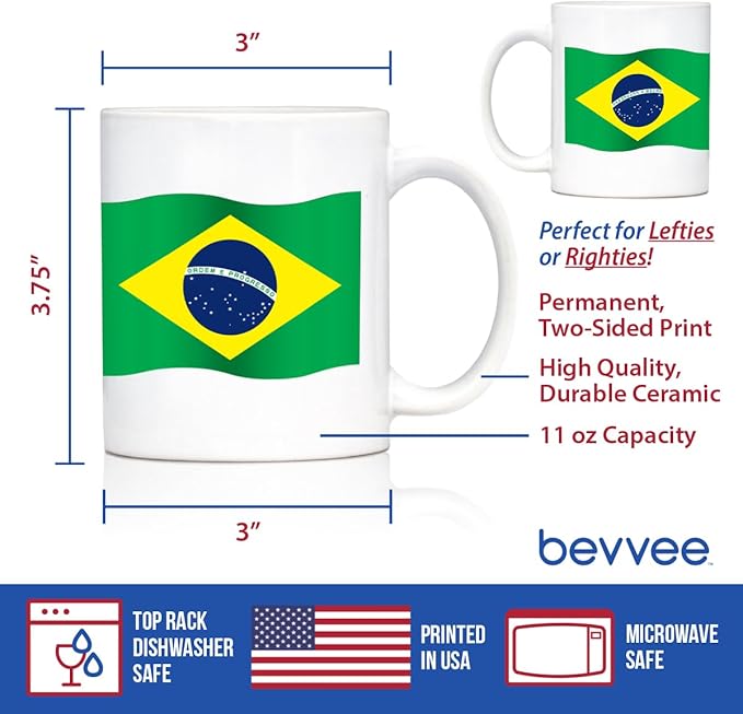 Brazil Flag Coffee Mug - Brazil Souvenirs and Brazilian Gifts for Women and Men - 11oz White Ceramic